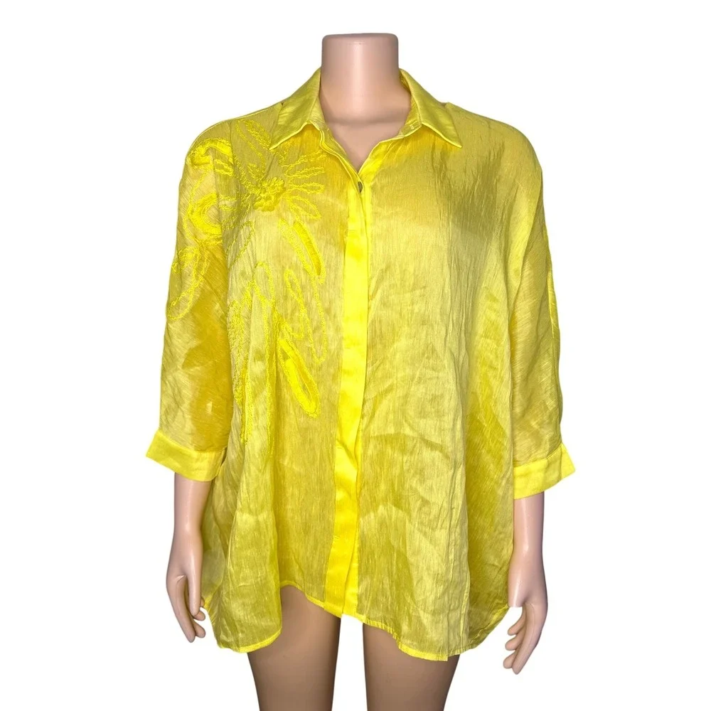 Yellow Linen Silk Women's Oversized Floral Embroidered Boho Chic Shirt Size M